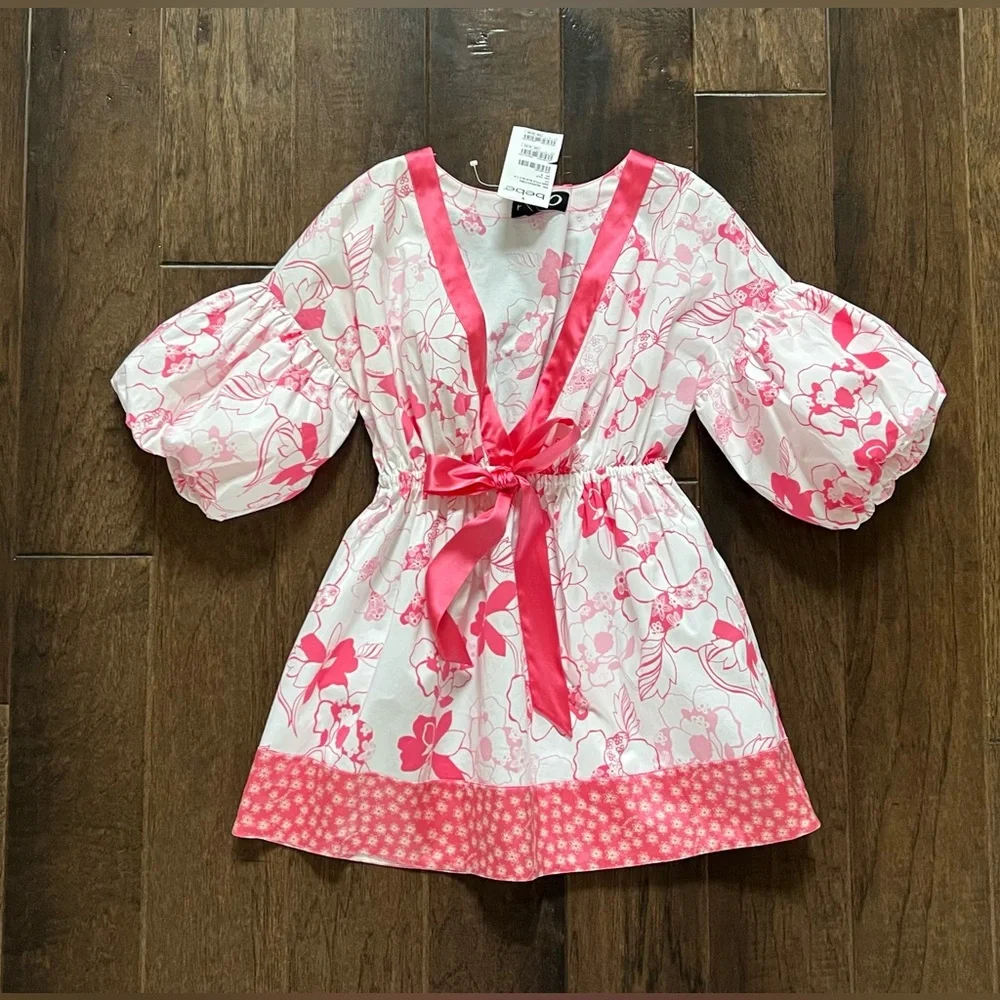Bebe NWT Pink White Floral V-Neck Babydoll Top Empire Waist Puff Sleeves Sz S - Picture 10 of 15